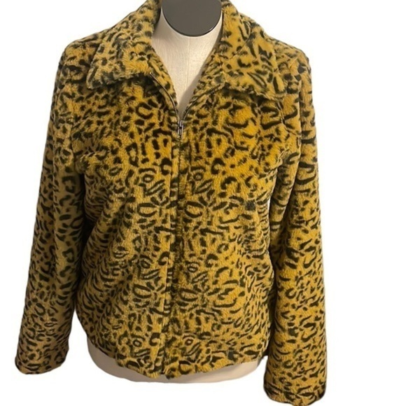Andrée by unit jacket woman cheetah animal collar zip yellow mustard black Sz L - Picture 1 of 8